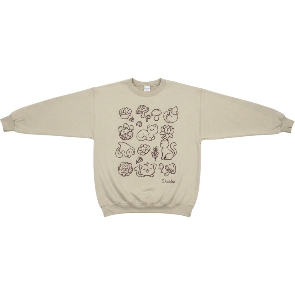 Cottagecore Cat Mushroom Succulent Graphic Sweatshirt Tan Medium Cozy Fall